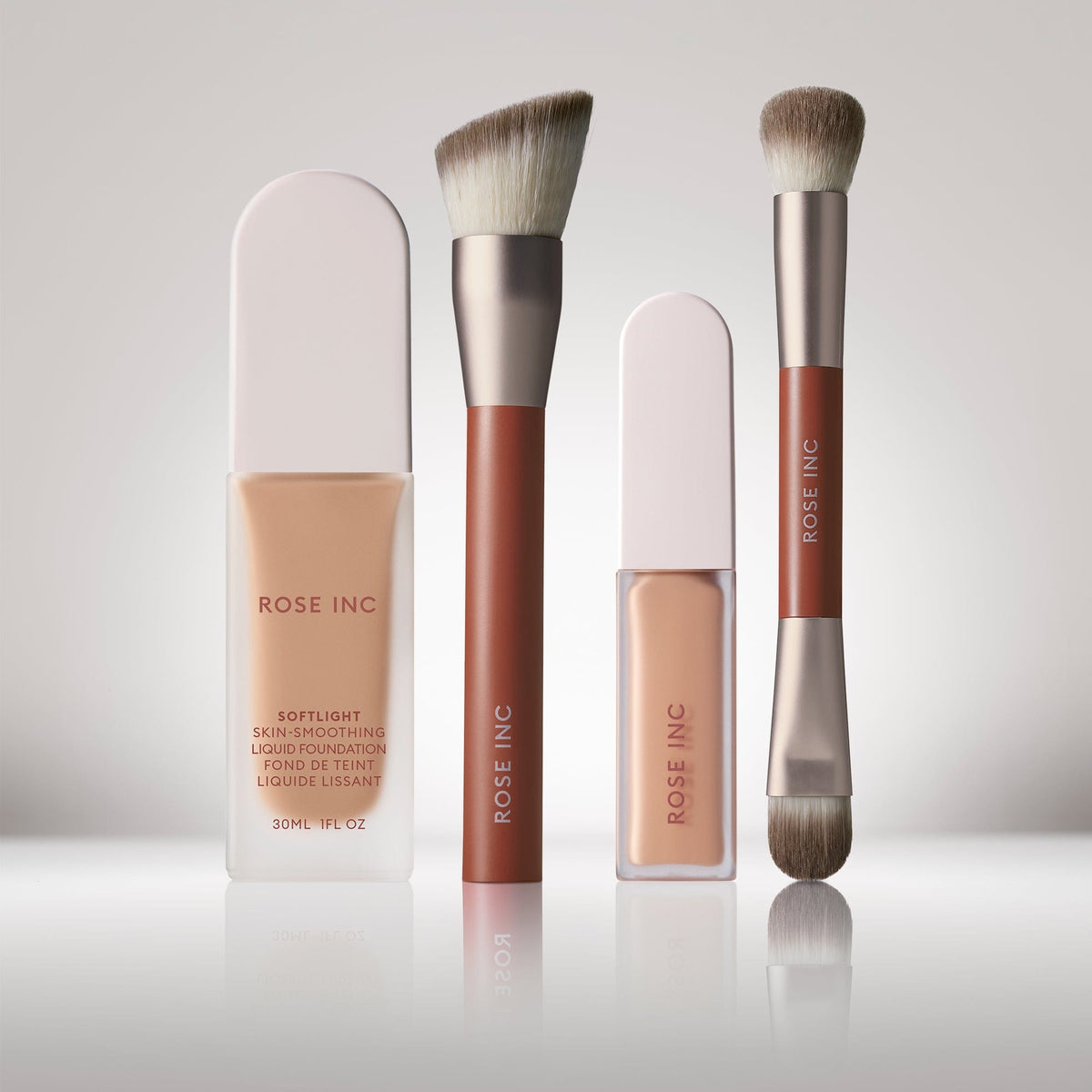 Complexion formulas and custom brushes for a smooth, soft-focus complexion.