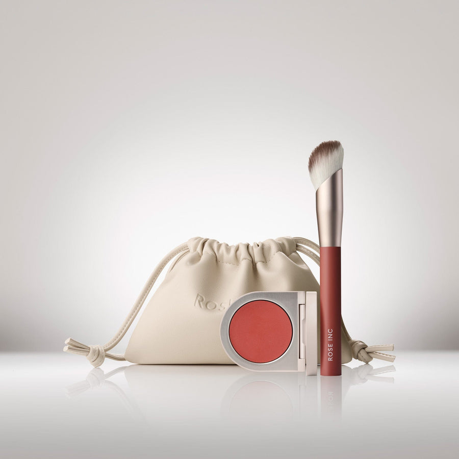 Rose Inc Online Only Exclusive Flush of Color & Brush set, including the Mini Vegan Leather Drawstring Bag, Cream Blush and the Number 2 Blush Brush. 