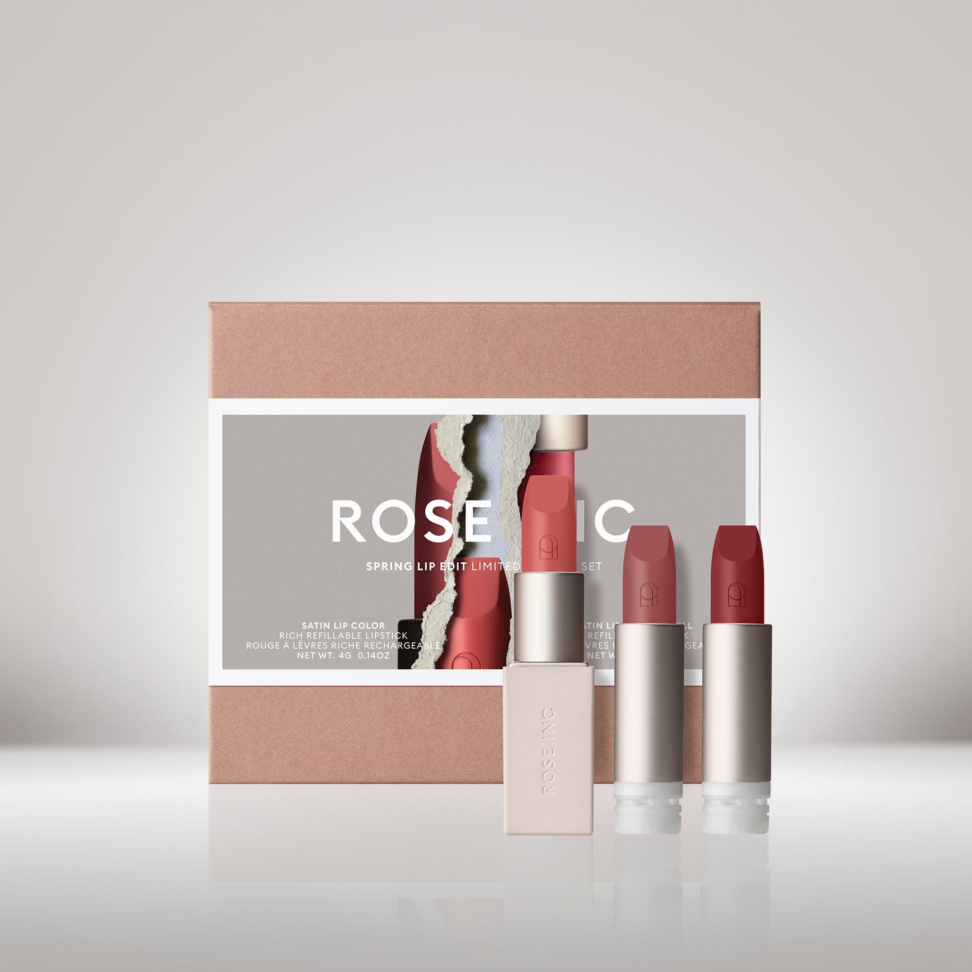 Rose Inc exclusive value set featuring 3 shades of the Satin Lipstick, one full-size and two refills, in a custom Rose Inc gift box