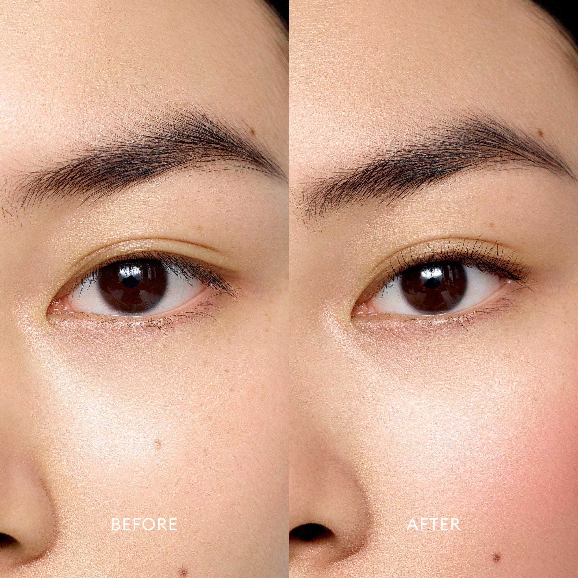  image of light skin tone model with straight lashes before and after using the eyelash curler
